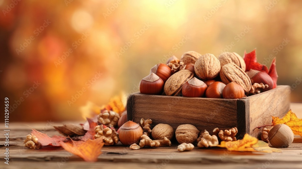 Aufkleber assorted nuts featuring walnuts and hazelnuts in a wooden bowl with autumn leaves on a rustic table 