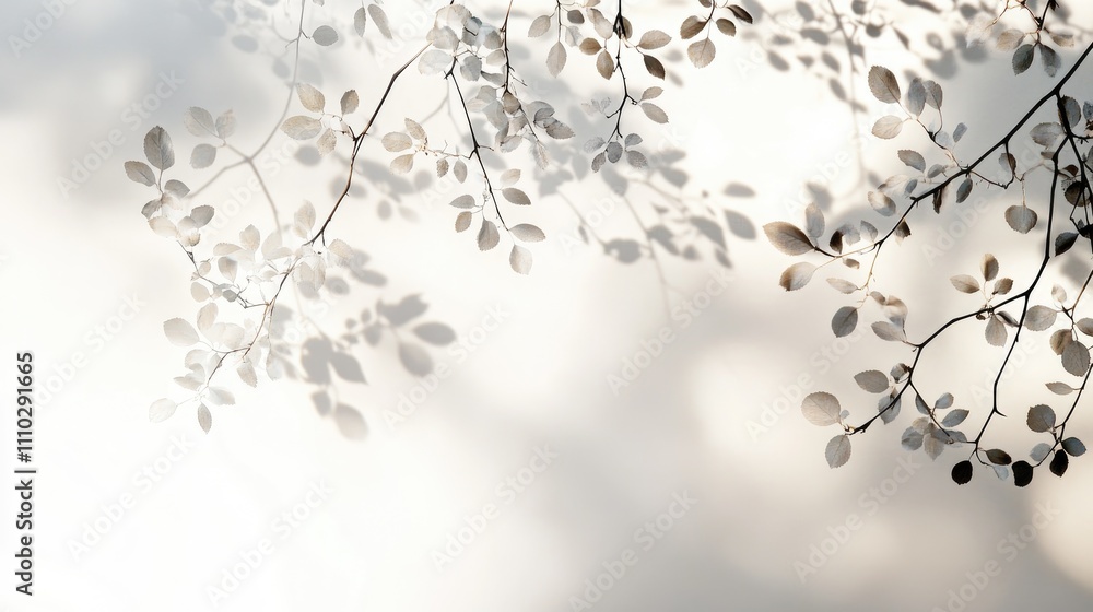 Poster gray shadow of wild rose leaves on a white wall creating an abstract neutral nature background with 