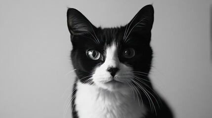 Obraz premium Young black and white cat in a frontal view, looking directly at the camera with a sharp focus, isolated on a white background, pet photography, animal portrait, cute and curious expression.