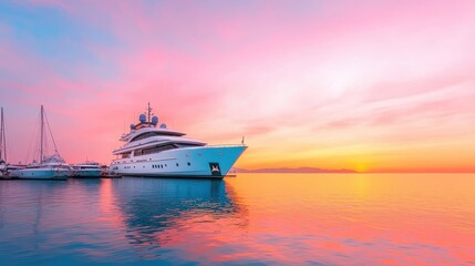 A serene sunset scene featuring a luxurious yacht docked by the shore, with vibrant pink and orange hues reflecting on the calm water.