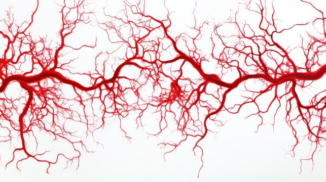 Microscopic view of blood vessels, capillaries branching on a plain white background, vibrant red detail