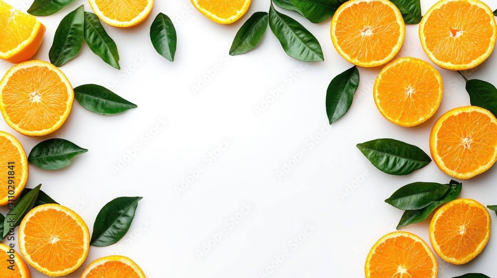 Poster tangerine slices arranged with green leaves on a clean white surface creating a fresh and vibrant bo