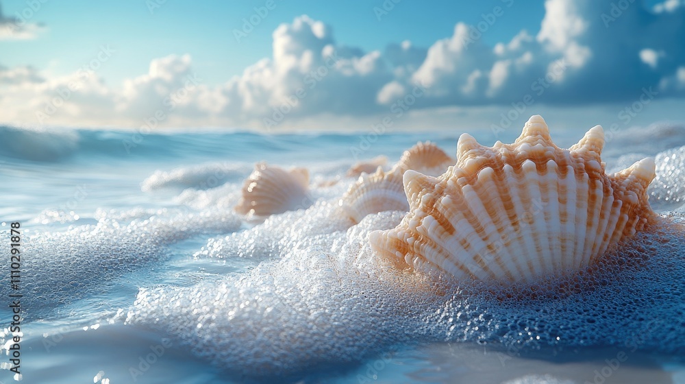 Aufkleber close-up of seashells resting in shallow ocean water with gentle waves and fluffy clouds in the back