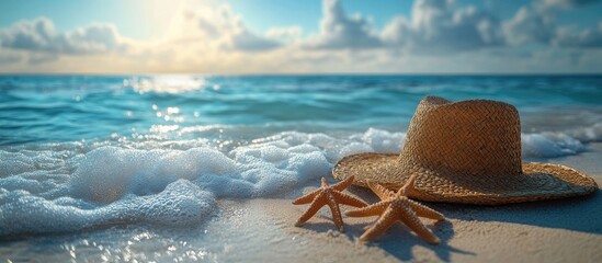 Beach essentials featuring a straw hat starfish and flip flops on a serene ocean shore with gentle waves and a bright sky in the background
