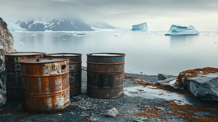 Naklejka premium Rusty fuel and chemical barrels on rocky coast with icebergs floating in a serene and misty arctic landscape