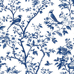Blue and White Floral Bird Pattern  Chinoiserie Wallpaper Design