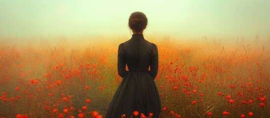 Solitary woman in a field with vintage tones reflecting heartbreak and sorrow in a melancholic atmosphere of blooming flowers.