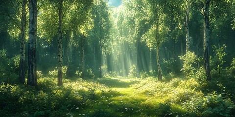 Fototapeta premium Sunlight filters through a tranquil green forest creating a serene atmosphere
