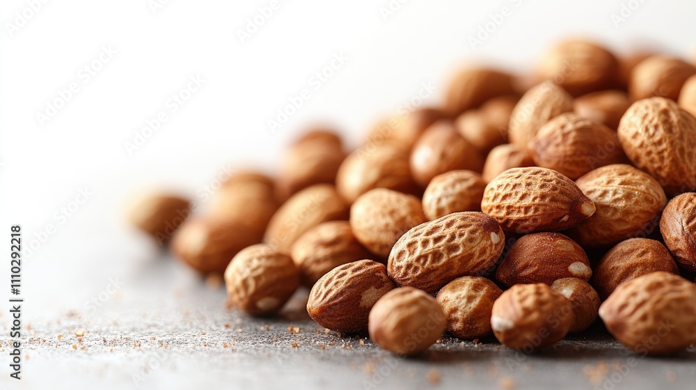 Poster ground nuts arranged on a blurred white background with selective focus highlighting their texture a