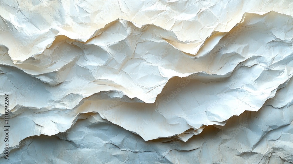 Poster textured crumpled white paper background with layered folds and shadows for creative design and docu