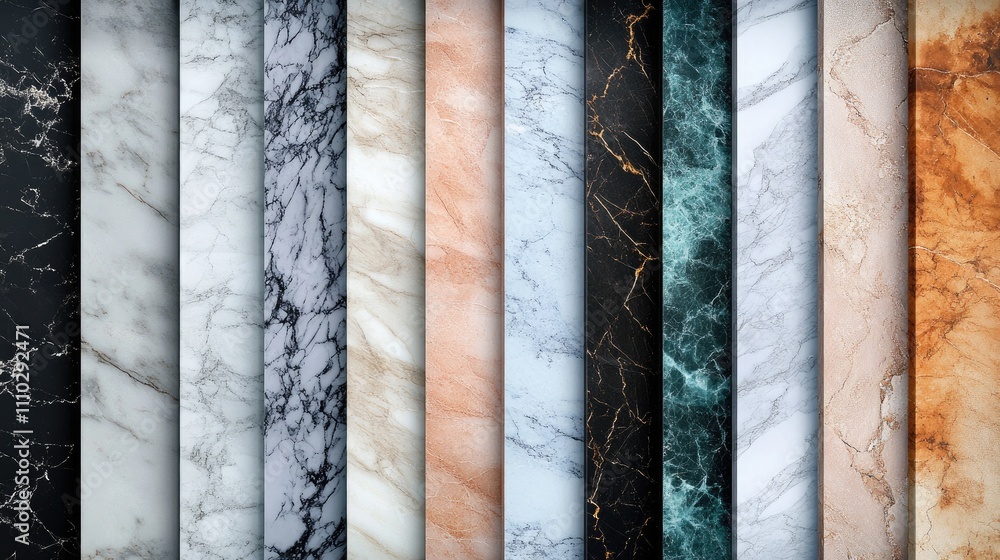 Poster marble tiles texture collection showcasing various colors and patterns for elegant background or int