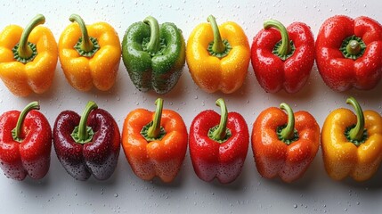 Fototapeta premium Colorful assortment of fresh bell peppers in various shades including red, yellow, green, orange, and purple, with water droplets, arranged on a clean white background, food, cooking, freshness, healt