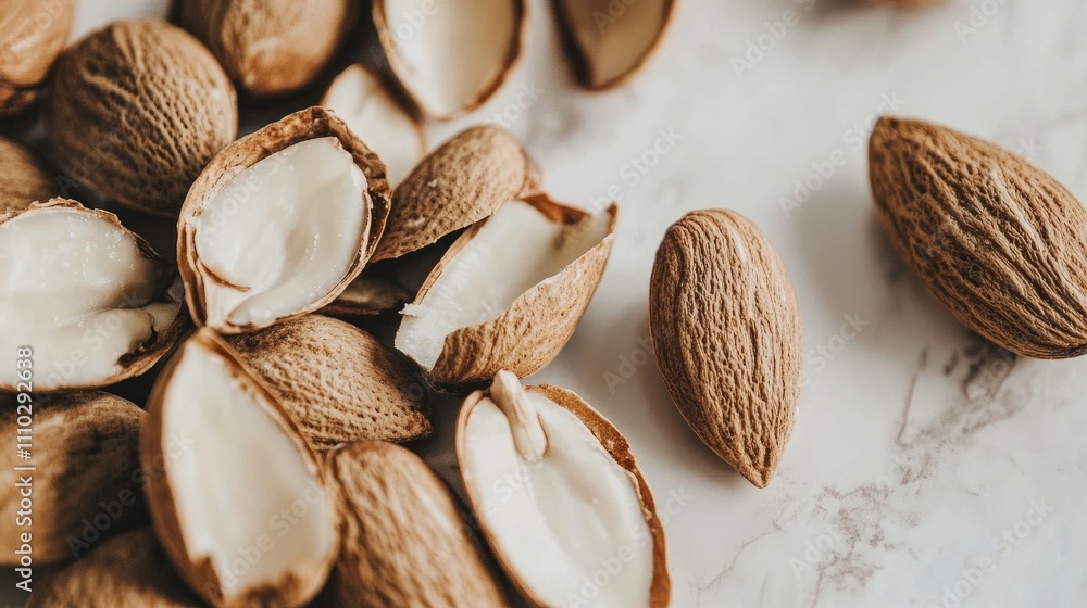 Poster macro closeup of whole and split almond nuts with shells on a marble background highlighting their n
