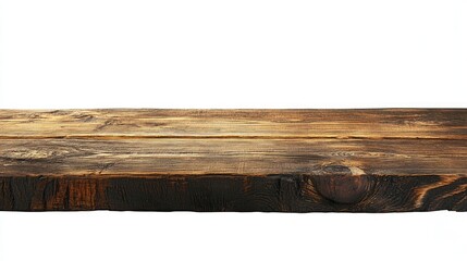 Fototapeta premium Weathered wooden table surface isolated on white, ideal for showcasing home decor and gardening decorations.