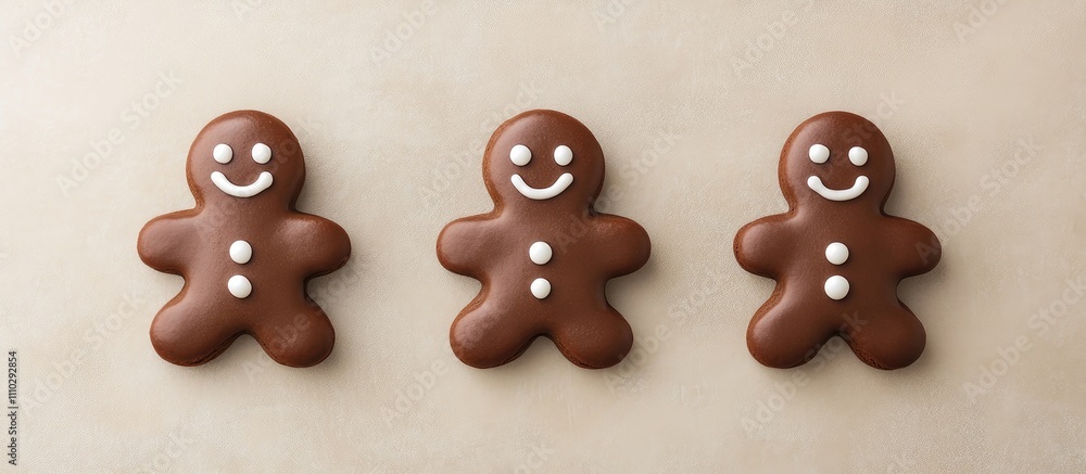 Poster handcrafted gingerbread men cookies arranged in a row on a light background with space for text and 