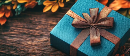 Gift certificate box mockup with floral wreath and autumn leaves on rustic wooden surface ideal for promotions and special occasions