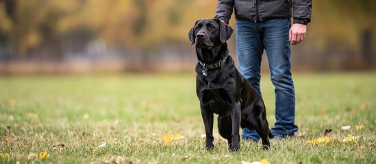 Labrador dog obediently follows commands alongside its owner during a relaxing walk in a park setting amidst autumn scenery