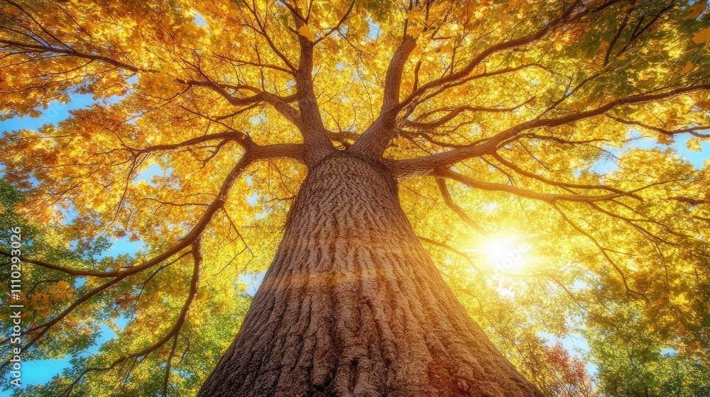 Aufkleber Majestic view of a tree trunk from below with vibrant autumn leaves and sunlight filtering through branches creating a serene atmosphere.