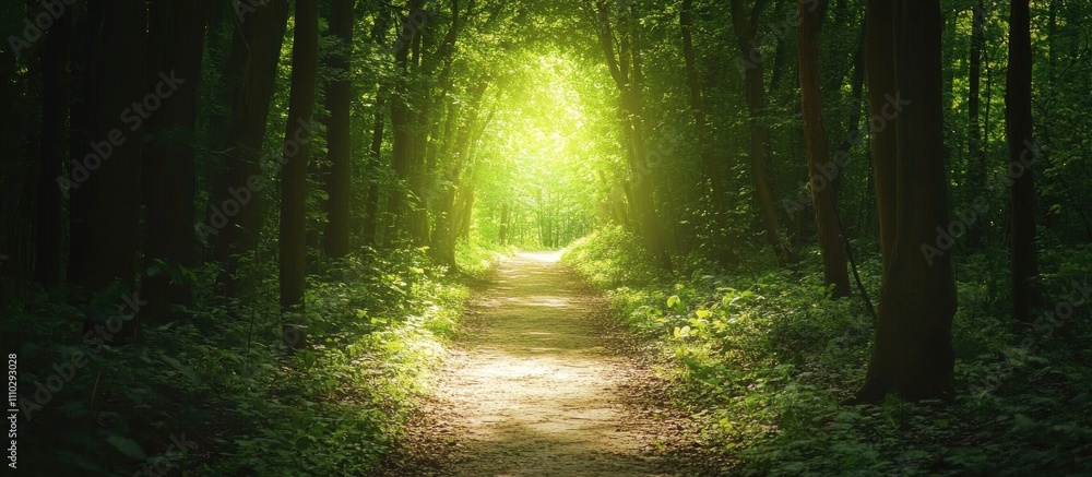 Poster lush forest path illuminated by sunlight creating a serene atmosphere ideal for relaxation and explo