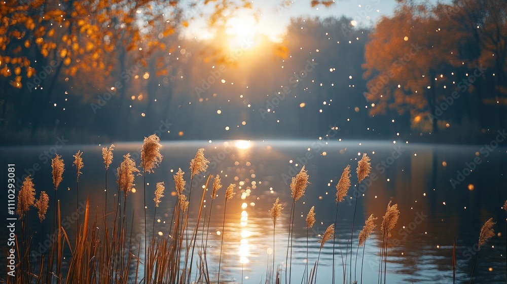 Poster Autumn reeds by a tranquil lake at sunrise with soft light and sparkling reflections in a serene park setting