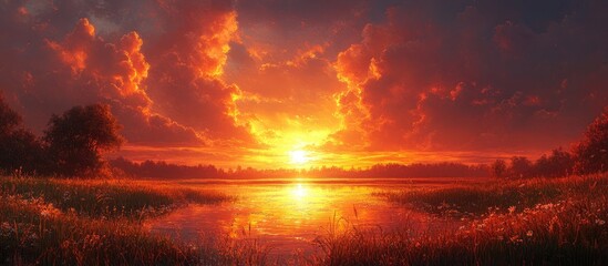 Obraz premium Vibrant sunset over tranquil waters with lush foreground and dramatic clouds reflecting warm tones in Peninsula landscape scene.