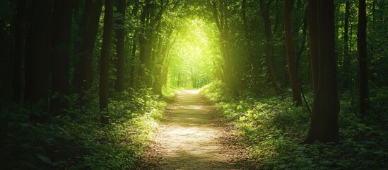 Obraz premium Lush forest path illuminated by sunlight creating a serene atmosphere ideal for relaxation and exploration in nature