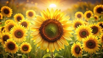 Obraz premium A Field of Sunflowers Bathed in Golden Sunlight, A Symphony of Yellow Petals Reaching Towards the Sky
