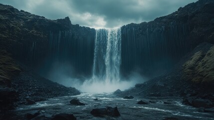 Svartifoss waterfall cascading through dark lava columns surrounded by a dramatic Icelandic landscape under cloudy skies