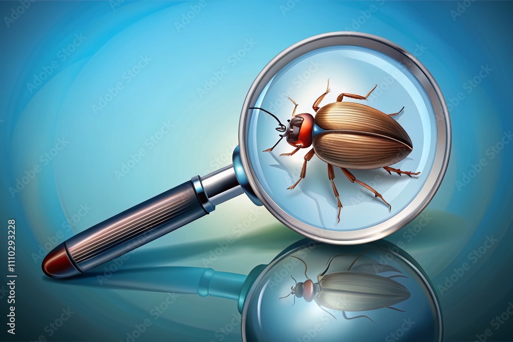 Poster detailed illustration of a magnifying glass focusing on bugs with ample copy space for text and visu