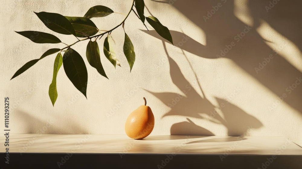 Poster mango fruit elegantly positioned on a shelf with soft shadows and leaves against a minimalist backgr
