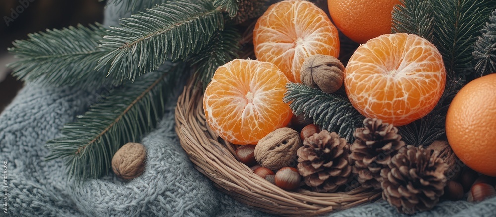 Poster tangerines pine cones and nuts arranged on a table with fir tree branches for a cozy festive decorat