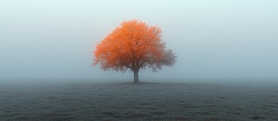 Majestic tree with orange leaves in morning fog creating a serene and tranquil landscape atmosphere during autumn season