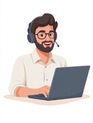 Indian business man speaking having virtual meeting on laptop. Professional remote online customer service support manager wearing headset talking consulting on video call at home office call center.