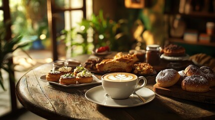 Cappuccino and Pastries on Rustic Table