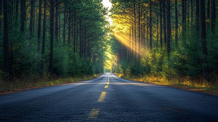 Obraz premium Asphalt road winding through a dense pine forest with sunlight filtering through trees