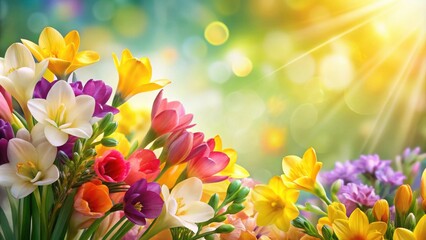 A vibrant bouquet of multicolored flowers basking in the warm glow of sunlight, showcasing the beauty of nature's diversity.