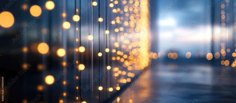 Poster blurred garland lights creating a magical bokeh effect on a reflective surface at dusk