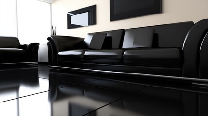 Fototapeta premium Modern living room interior featuring sleek black leather sofa and armchair with polished flooring and minimalistic decor