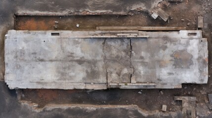 Aerial view of a demolished warehouse site showcasing a cracked concrete foundation surrounded by railway tracks and debris.