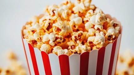 Delicious caramel popcorn in a classic striped red and white container on a light background ideal for snack advertising and food promotions