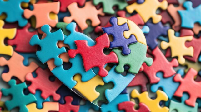 Colorful puzzle pieces fitting together to form a heart shape, symbolizing the completeness and strength of inclusivity, minimalistic photography style
