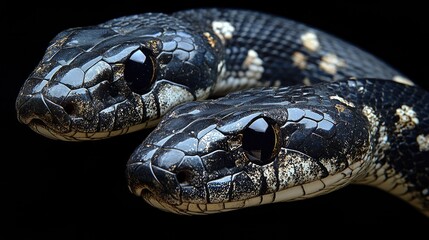 Obraz premium Close-up of two distinct snakes positioned apart against a solid black background, highlighting intricate scales, glossy textures, and sharp eyes, wildlife, reptiles, nature.