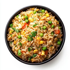 Fried rice in a bowl isolated on white background, top view