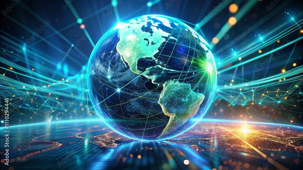 Poster digital data globe: abstract 3d rendering of a futuristic earth hologram surrounded by technology da