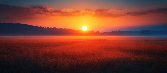 Obraz premium Morning sunrise illuminating a serene landscape with vibrant colors and misty fields at dawn