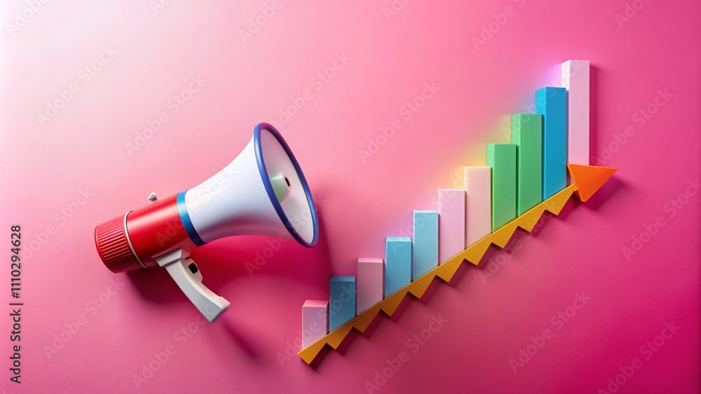 Poster digital growth chart soaring from a megaphone on a soft pink background with copyspace for marketing