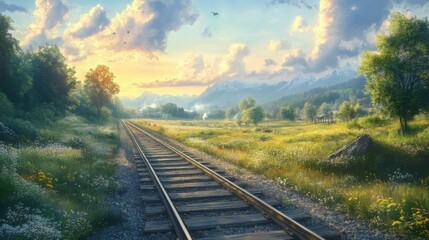 Obraz premium Scenic train tracks stretching through a picturesque countryside, evoking the thrill of travel.