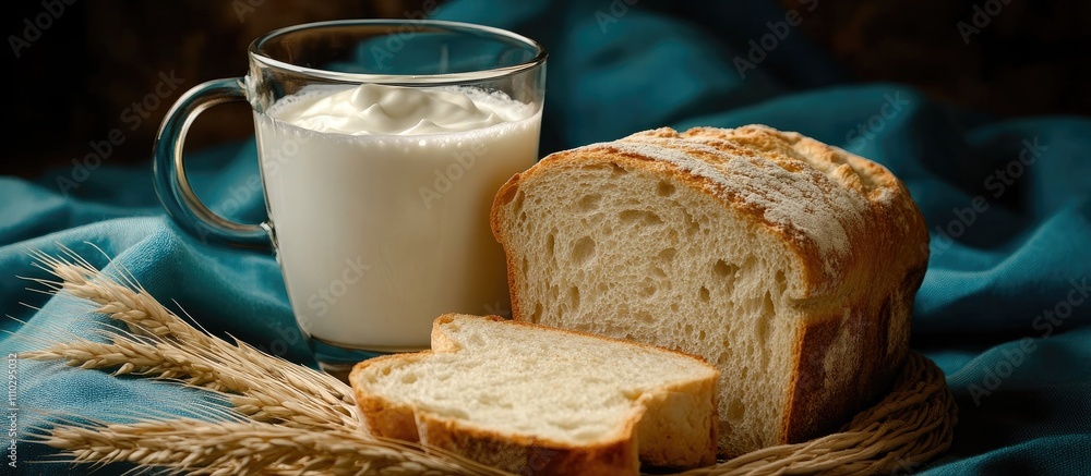 Poster freshly toasted bread with creamy whipped milk served on a rustic table setting featuring wheat stal
