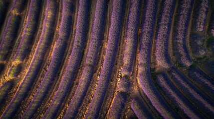 Lavender fields at sunset showcasing vibrant purple hues in organized rows in a rural landscape
