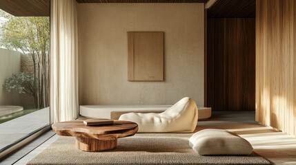 Modern Japandi living room featuring clean lines, organic materials, and a simple wooden side table